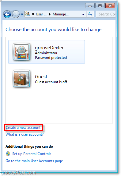 dalla pagina di panoramica degli account di Windows 7 utilizzare il collegamento per creare un nuovo account