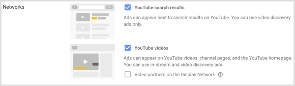 Impostazioni di rete per la campagna Google AdWords.