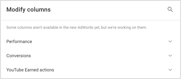 L'analisi di Google AdWords modifica la schermata delle colonne