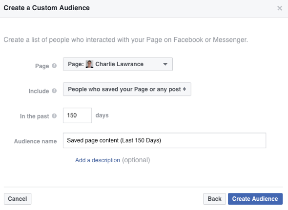 Crea un pubblico personalizzato di persone che hanno salvato la tua pagina Facebook o il tuo post.