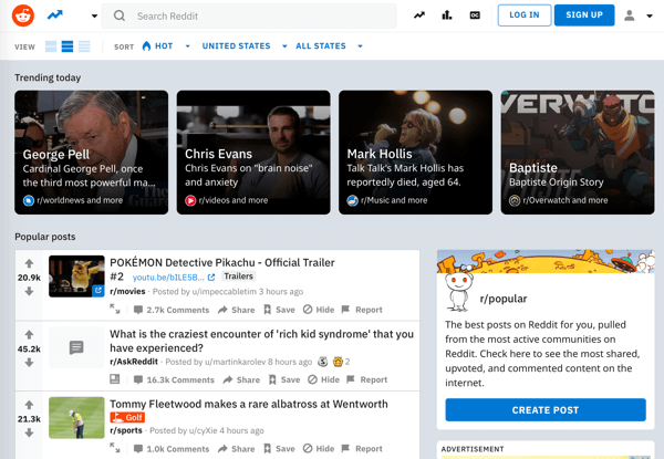 Come commercializzare la tua attività su Reddit, esempio di home page di Reddit e feed di contenuti di tendenza