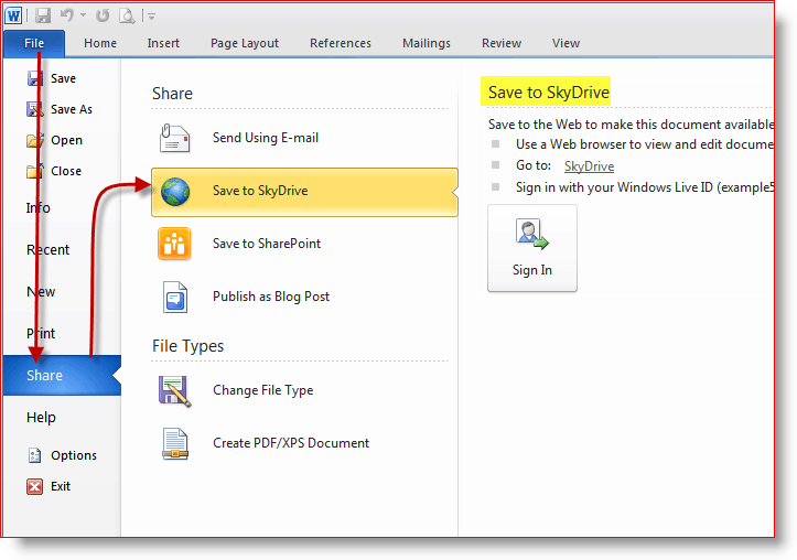 Salva i documenti nella memoria online SkyDrive
