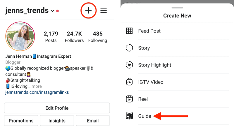 esempio di profilo Instagram con l'icona + evidenziata e il menu a comparsa Crea nuovo visualizzato con l'opzione guida evidenziata