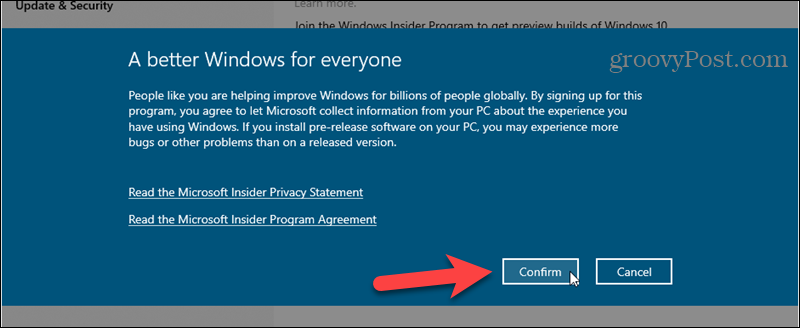 Conferma l'iscrizione al programma Windows Insider