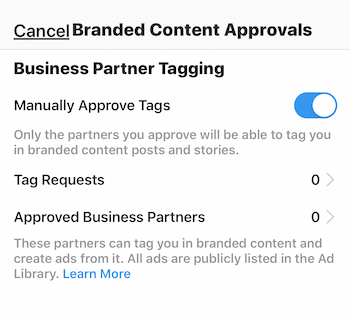 Impostazioni di approvazione dei contenuti con marchio Instagram per il profilo aziendale