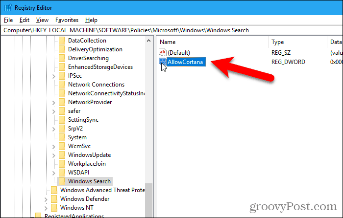 Fare doppio clic sul valore AllowCortana nell'Editor del Registro di sistema