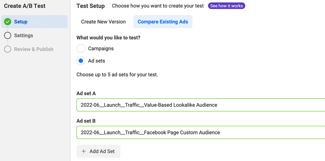 immagine della fase di configurazione per il test AB in Gestione inserzioni