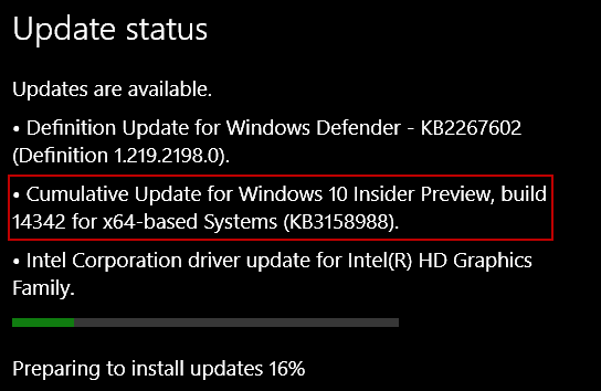 Aggiornamento di Windows 10 KB3158988 per Preview Build 14342 per PC