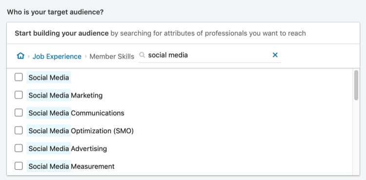 risultati della ricerca di "social media" per il targeting delle competenze dei membri di LinkedIn