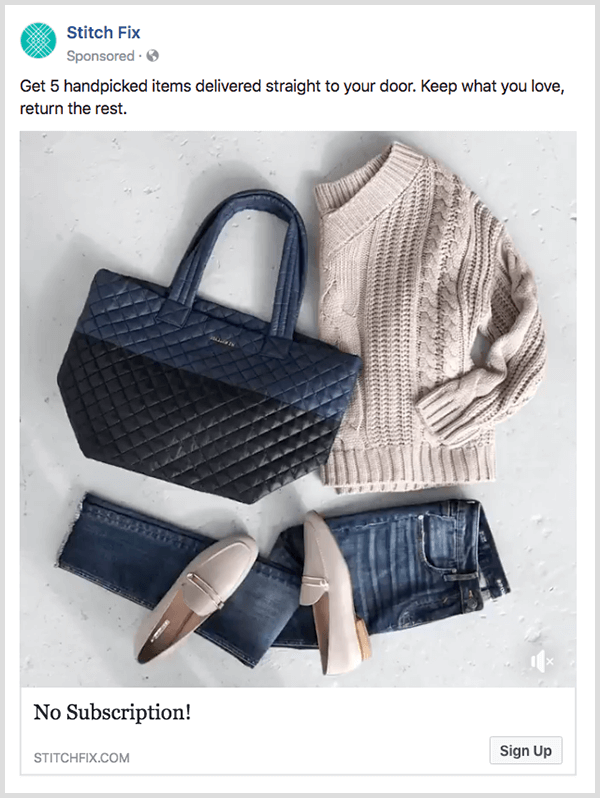 L'annuncio di conversione di Facebook di Stitch Fix ha un pulsante Acquista ora.