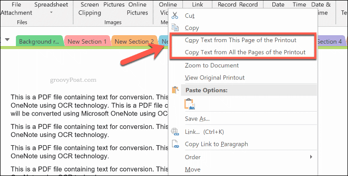 Copia di testo da una stampa di pagina in OneNote