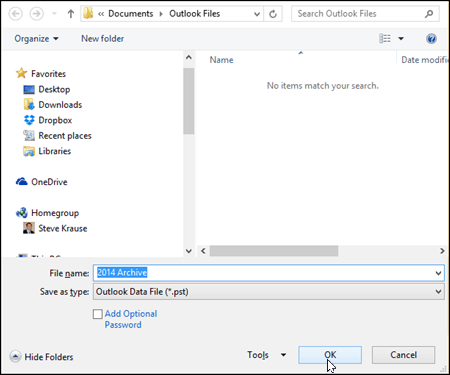 Outlook 2016 - Scegli il nome e il percorso del file PST