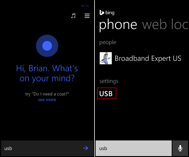 Ricerca USB Cortana