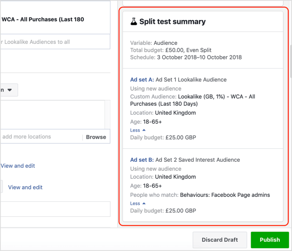 Riepilogo del test diviso per il test di Facebook.