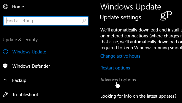 Impostazioni avanzate di aggiornamento di Windows 10