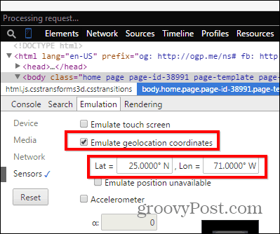 Sensori di emulazione degli strumenti di sviluppo di Chrome lat long