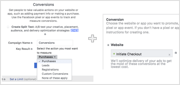Crea una campagna Facebook con l'obiettivo Conversioni Web e seleziona l'azione che desideri che il tuo pubblico esegua.