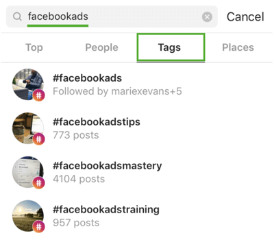 Come far crescere strategicamente il tuo Instagram seguendo, passaggio 9, trova hashtag pertinenti, ad esempio cerca "facebookads"