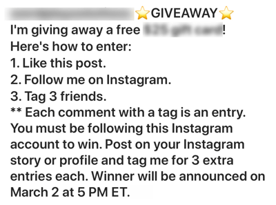 Come reclutare influencer social a pagamento, esempio di post di un concorso Instagram fatto male