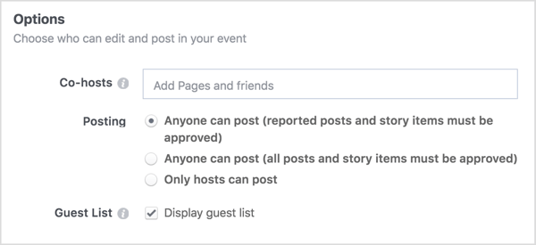 Inserisci i nomi delle pagine aziendali o degli amici con cui condividi il tuo evento Facebook.