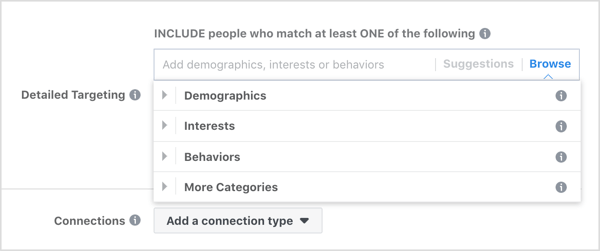 Sfoglia le opzioni di targeting dettagliato per gli annunci di Facebook.