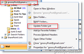 Aggiorna l'elenco delle cartelle GMAIL iMAP nella barra degli strumenti di navigazione di Outlook 2007