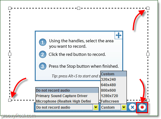 regola le dimensioni e le opzioni della registrazione dello schermo in screentoaster