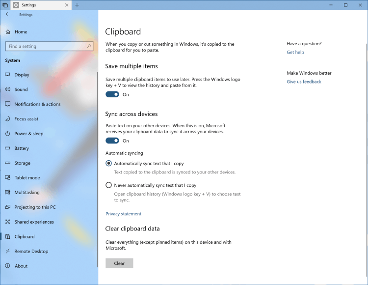 Appunti cloud di Windows 10 RS5