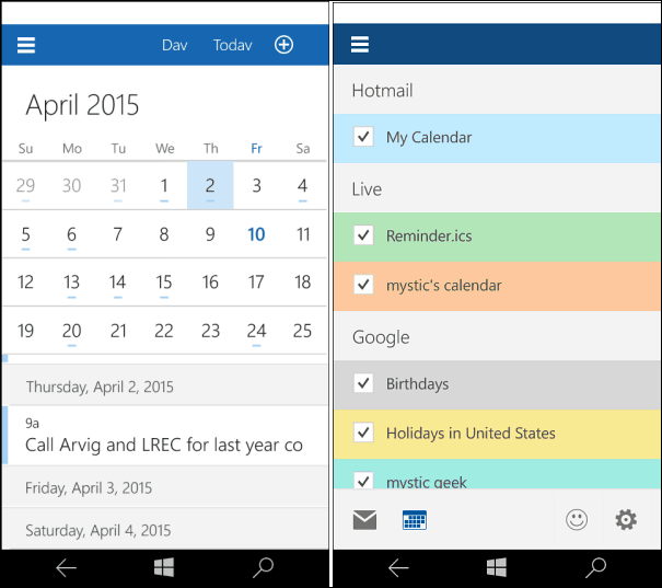 Windows 10 per il calendario dei telefoni