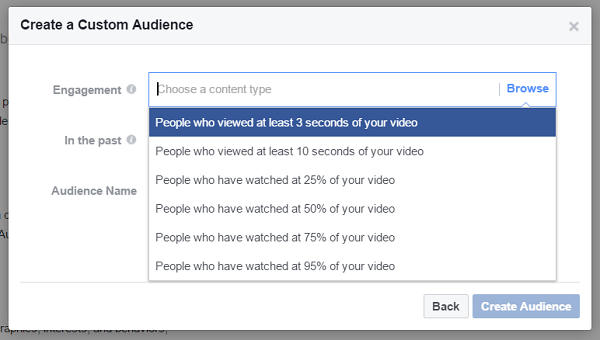 Crea un pubblico personalizzato di persone che hanno guardato almeno tre secondi di un video precedente.