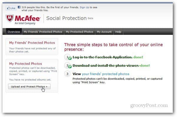 Pagina dell'app mcaffee per la protezione sociale