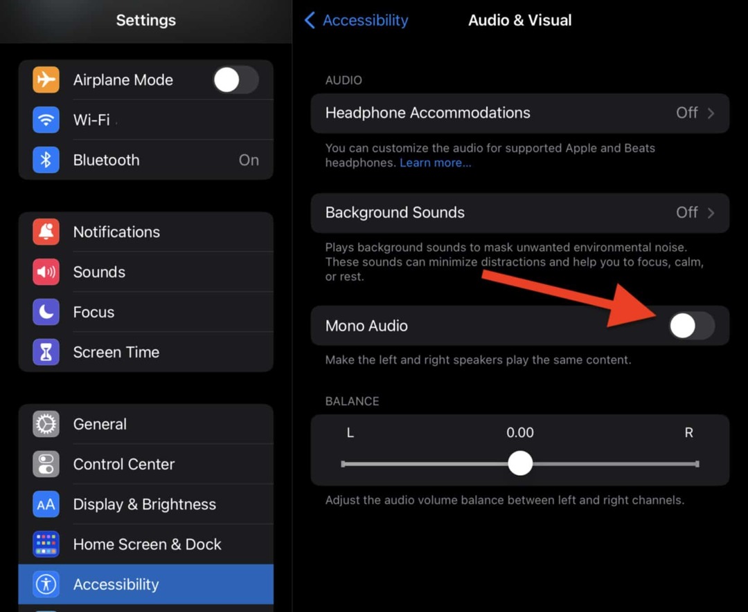 Abilita e quindi disabilita l'opzione Audio mono nelle impostazioni audio e visive sul tuo iPad