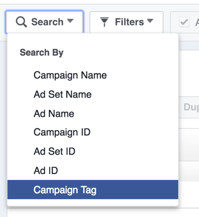 Cerca le campagne pubblicitarie di Facebook per tag.