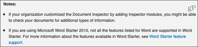 Note di Document Inspector dal supporto Microsoft