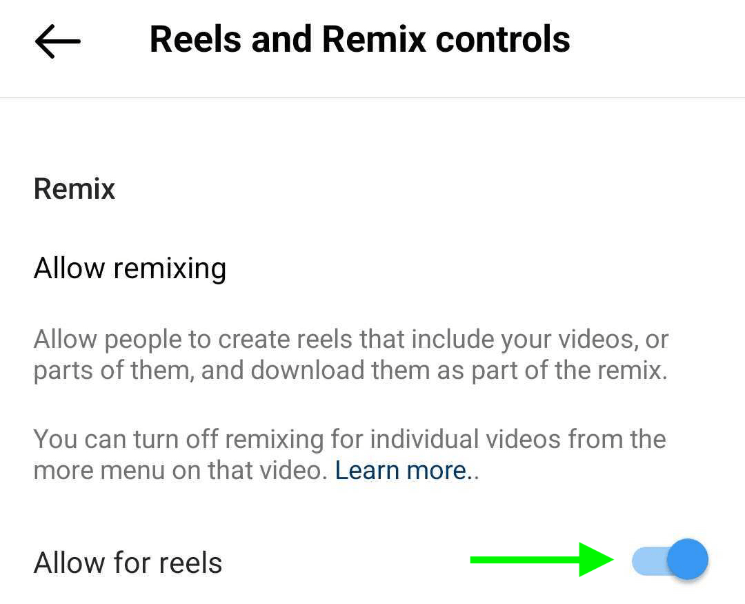 immagine di Reels e Remix Controls nelle impostazioni del profilo aziendale di Instagram
