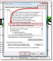 Come cancellare automaticamente i file temporanei del browser IE7 all'uscita dall'immagine