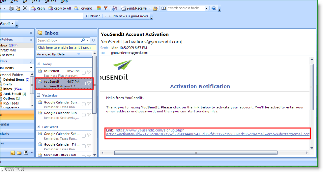 YouSendIt Activation Link in Outlook