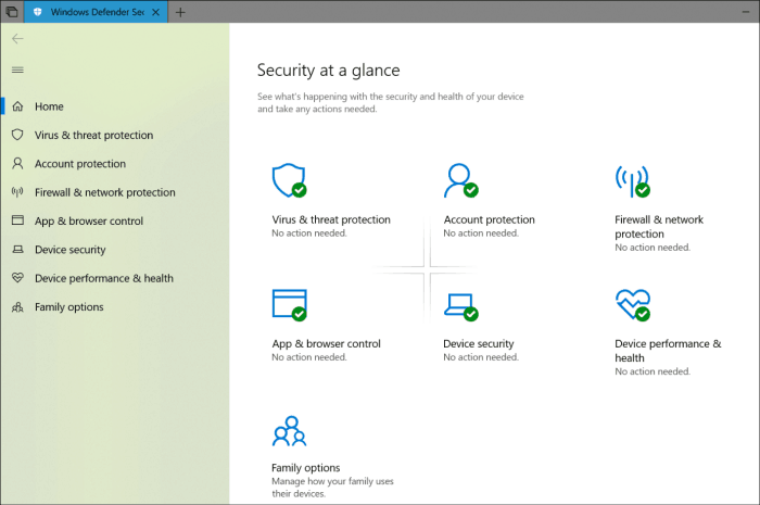 Windows Defender Security Center Aggiornamento design fluido