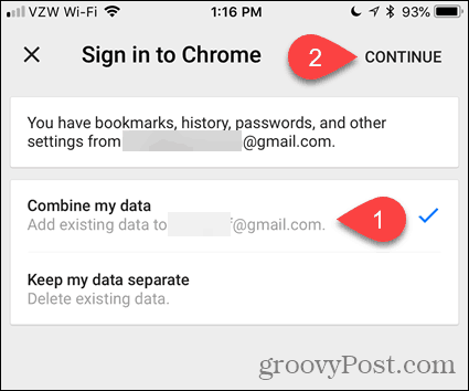 Combina i miei dati in Chrome per iOS