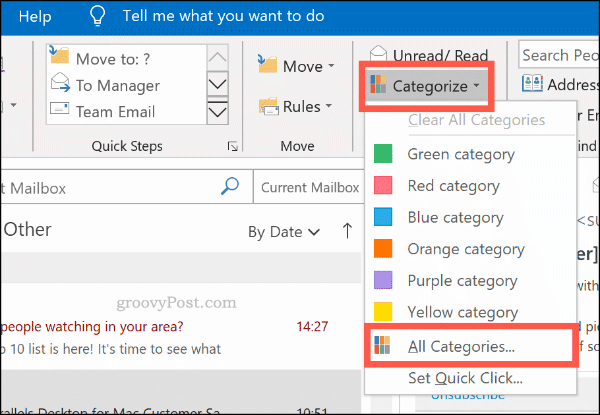 Il menu di categorizzazione per le categorie di colore in Outlook