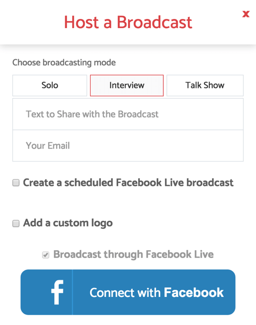 Quando imposti BeLive per uno spettacolo di interviste dal vivo, seleziona la modalità di trasmissione Intervista.