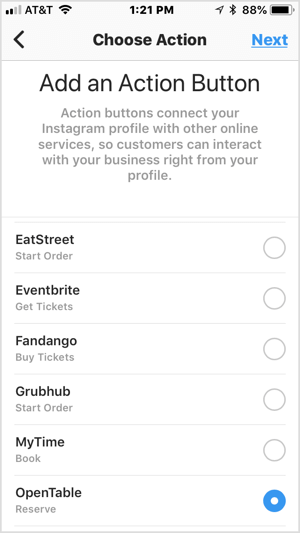 Scegli un pulsante di azione per aggiungerlo al tuo profilo aziendale di Instagram.