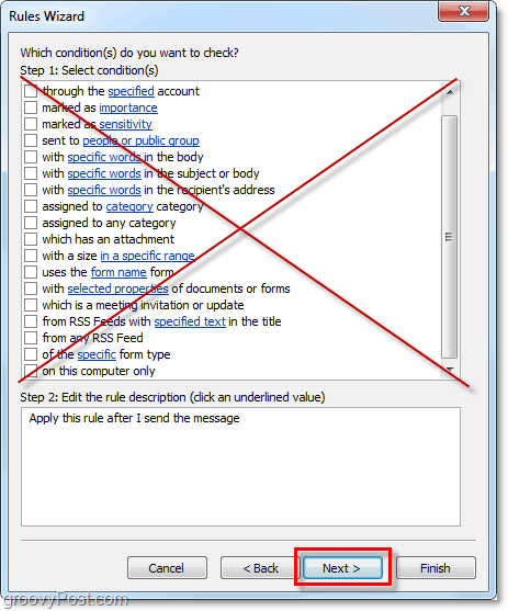 non selezionare alcuna condizione per le e-mail inviate in Outlook 2010