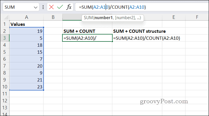 Calcolo delle medie utilizzando SUMCOUNT in Excel