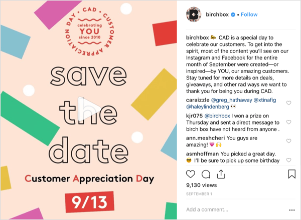 L'account Instagram di Birchbox ha offerto ai follower offerte, omaggi e sorprese per celebrare il Giorno di apprezzamento del cliente.