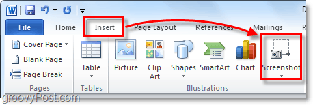 il pulsante dello screenshot si trova sotto la barra multifunzione Inserisci in Office 2010
