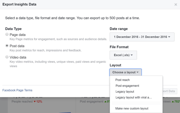 Scegli un layout quando esporti le informazioni sui dati dei post di Facebook.