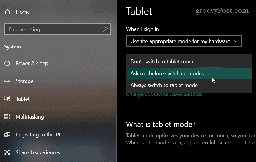 impostazioni tablet windows 10