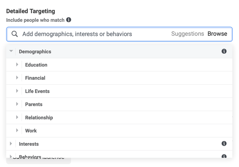 annunci Facebook dettagliati targeting categorie demografiche menu inclusi istruzione, finanza, eventi della vita, ecc.