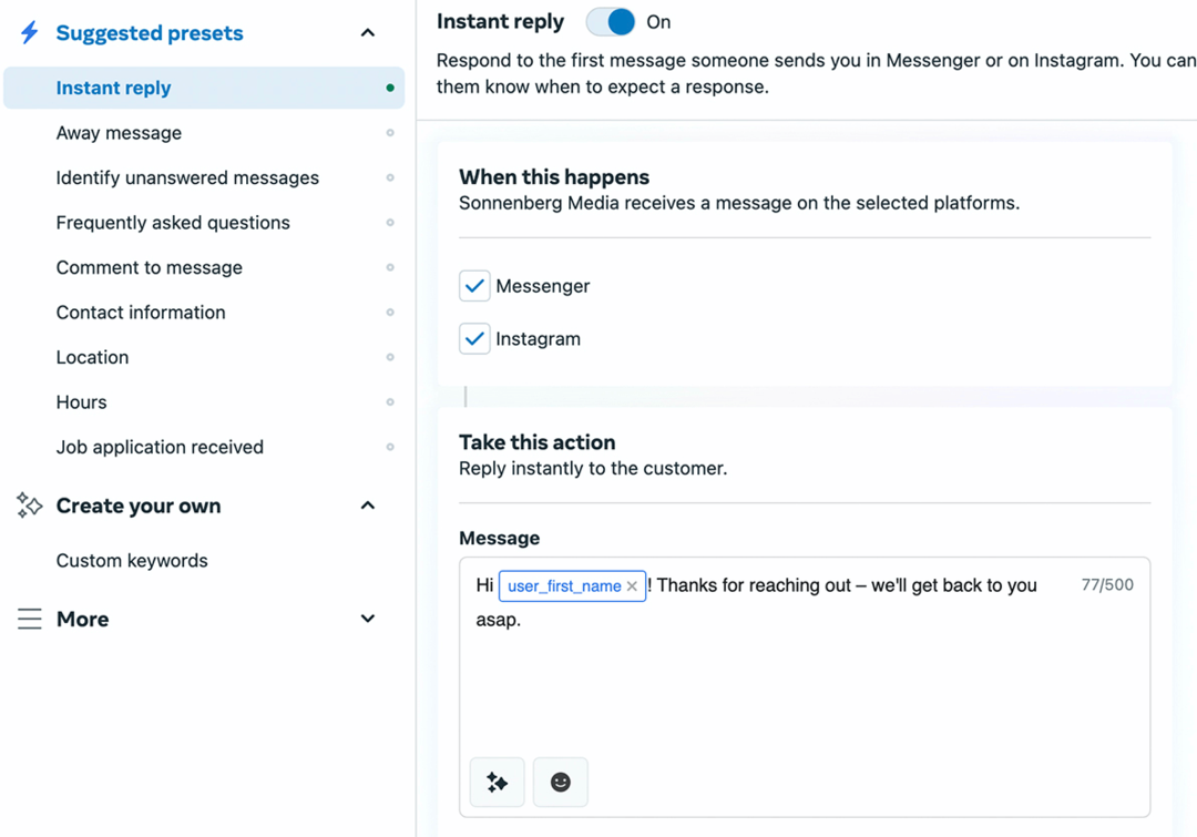 immagine della schermata di configurazione di Instant Reply in Meta Business Manager